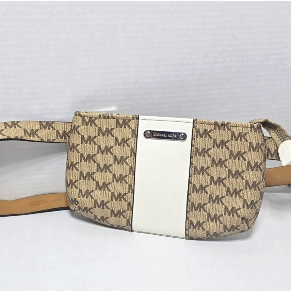 MICHAEL KORS White/Tan MK Monogram Adjustable Waist Belt w/Small Fanny Pack, NWT